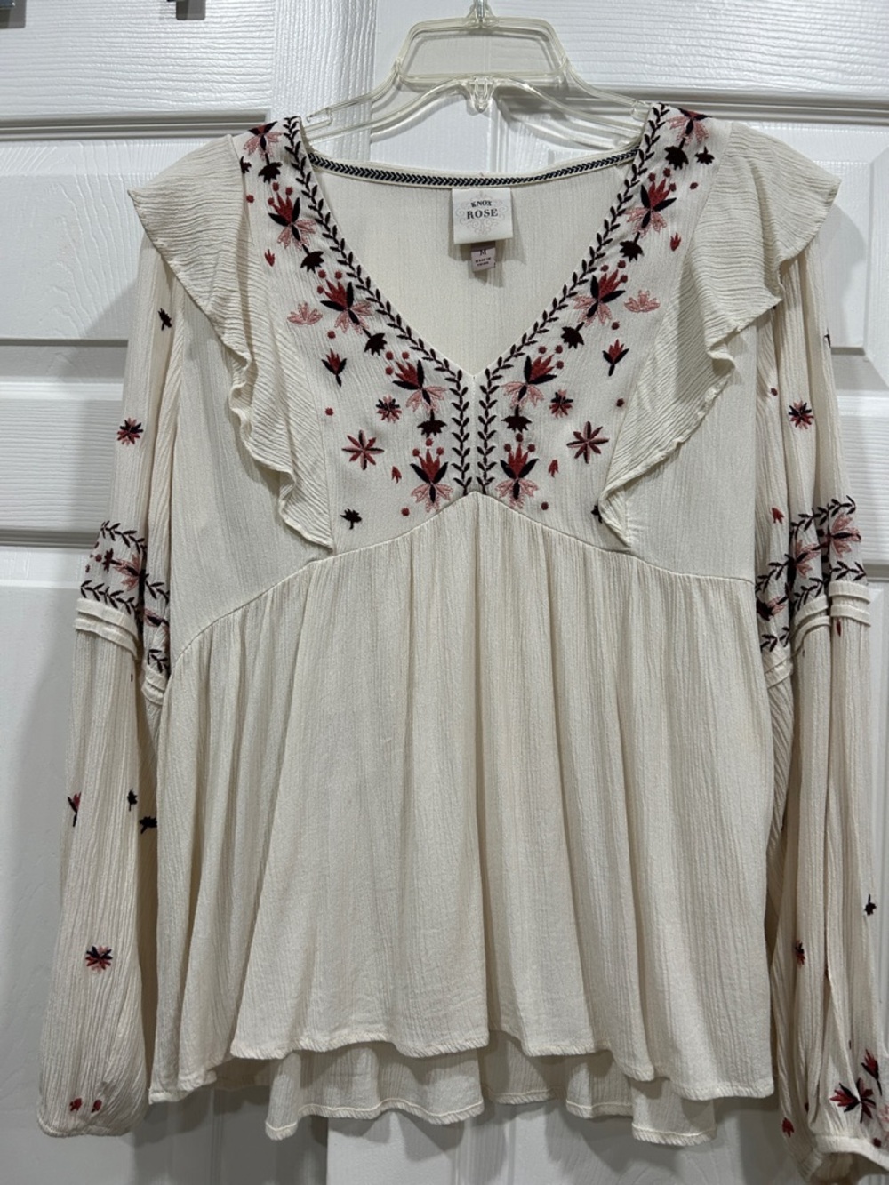 Knox Rose Cream Blouse with Pink and Burgundy Floral Embroidery